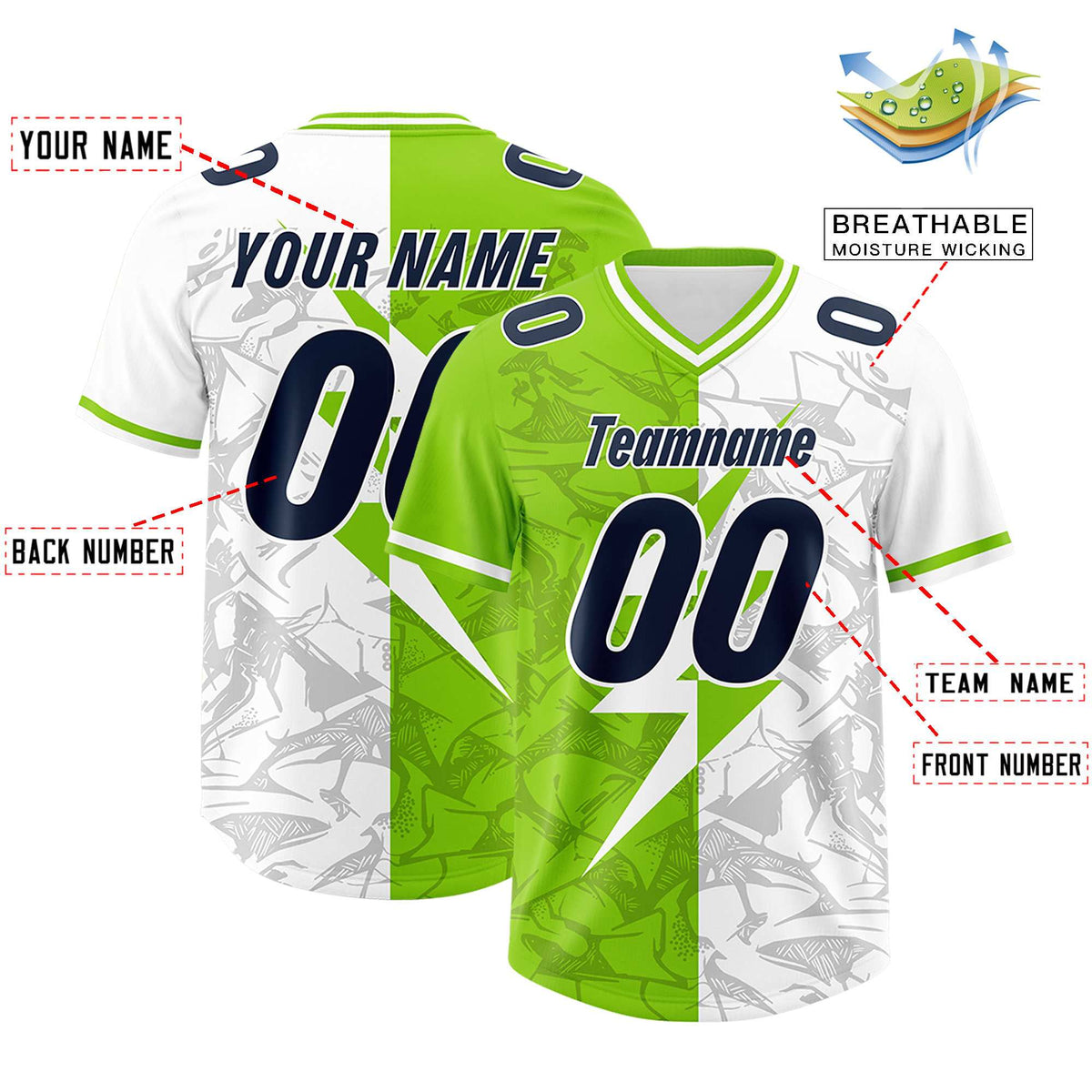 Custom Neon Green White Split Personalized Lightning Pattern American Football Jersey