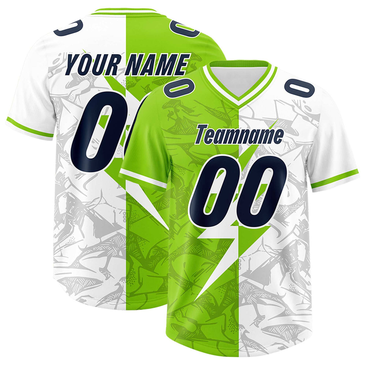 Custom Neon Green White Split Personalized Lightning Pattern American Football Jersey