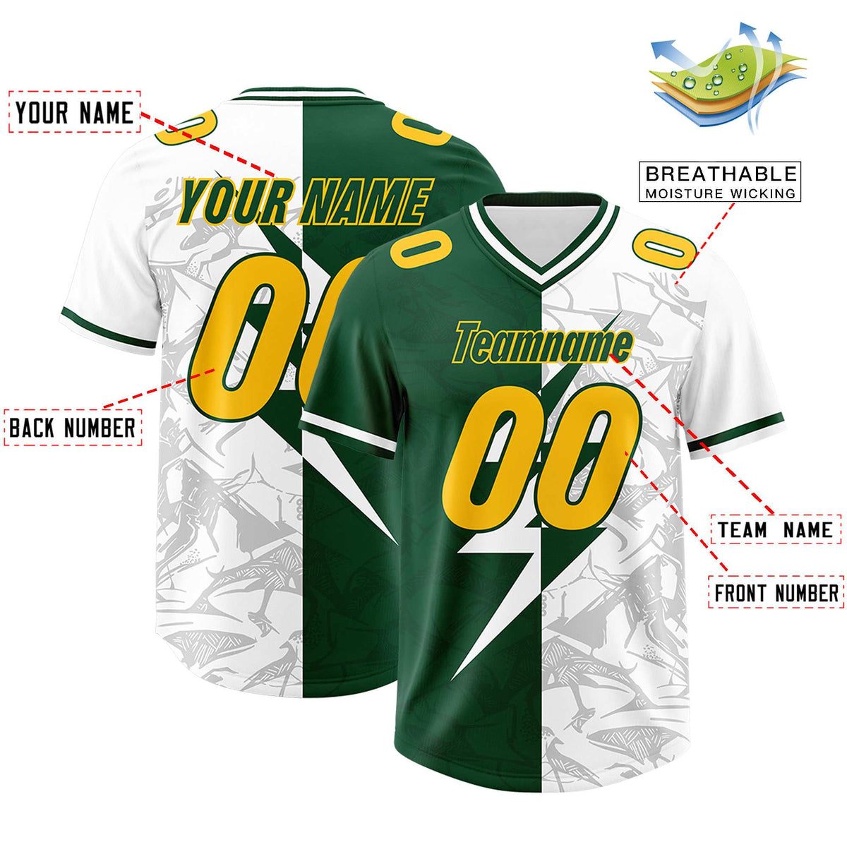 Custom Green White Split Personalized Lightning Pattern American Football Jersey