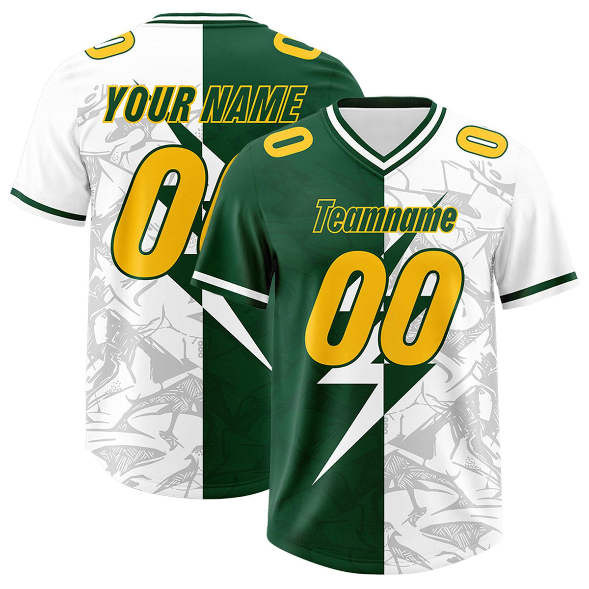 Custom Green White Split Personalized Lightning Pattern American Football Jersey