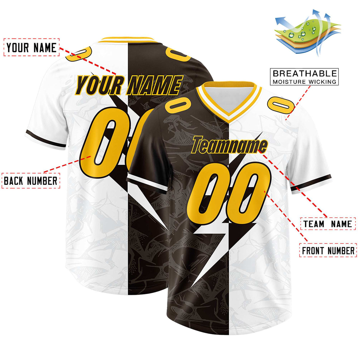 Custom Brown White Split Personalized Lightning Pattern American Football Jersey