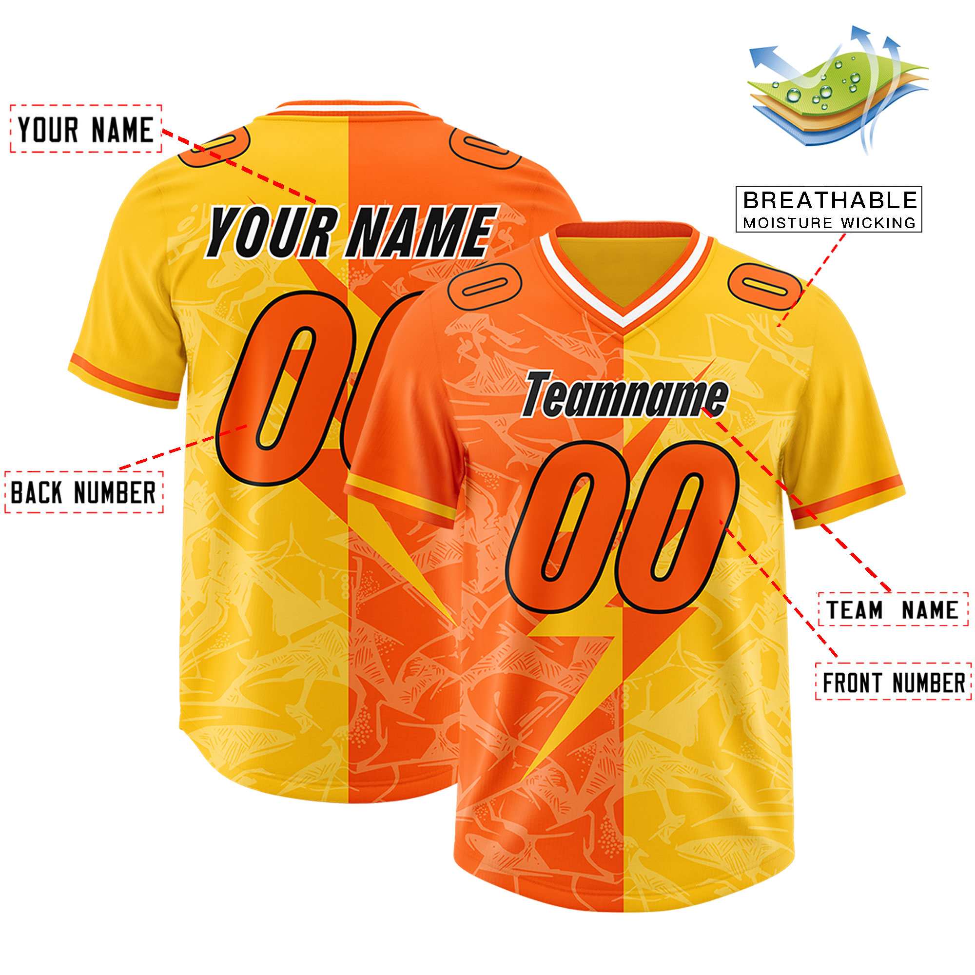 Custom Orange Yellow Split Personalized Lightning Pattern American Football Jersey
