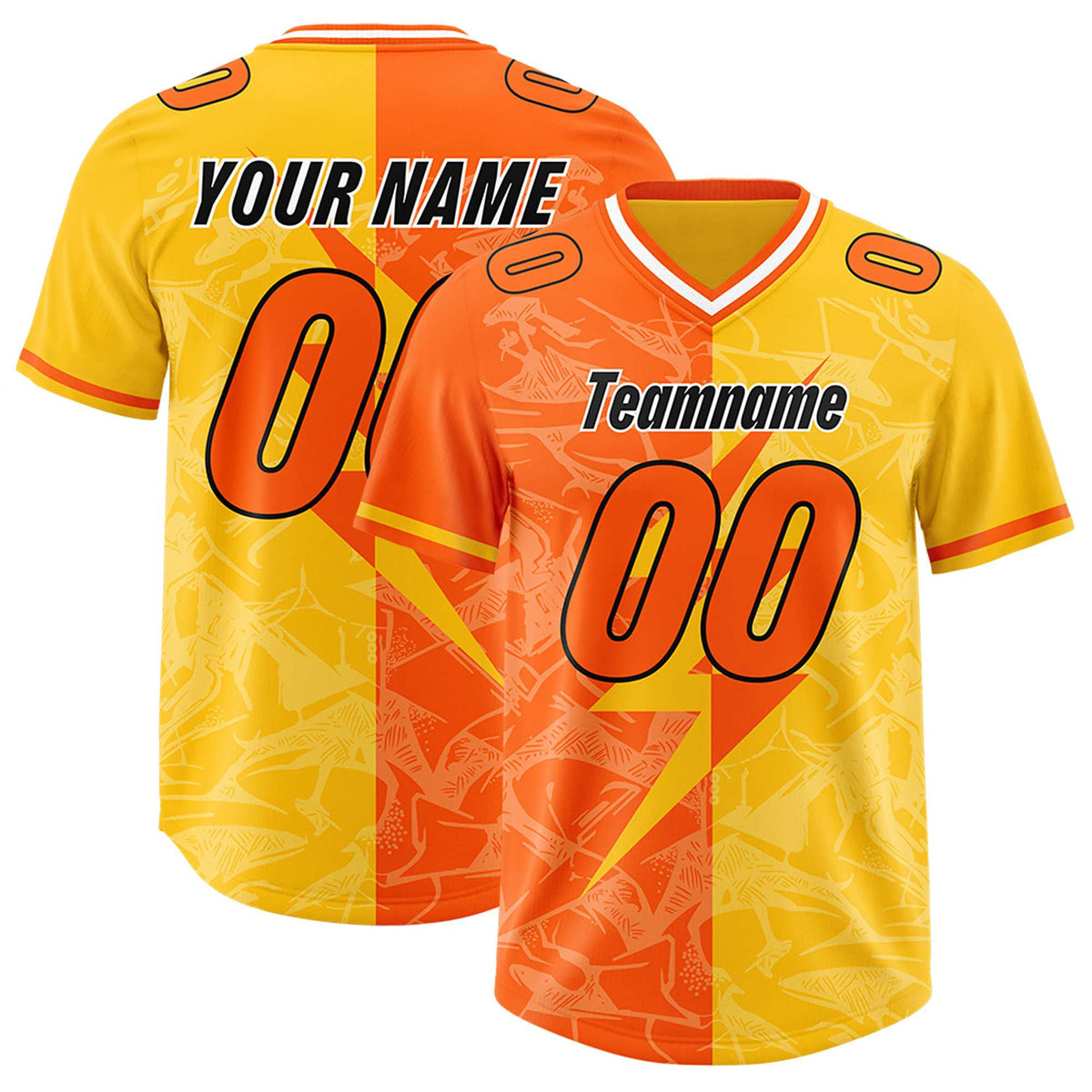 Custom Orange Yellow Split Personalized Lightning Pattern American Football Jersey