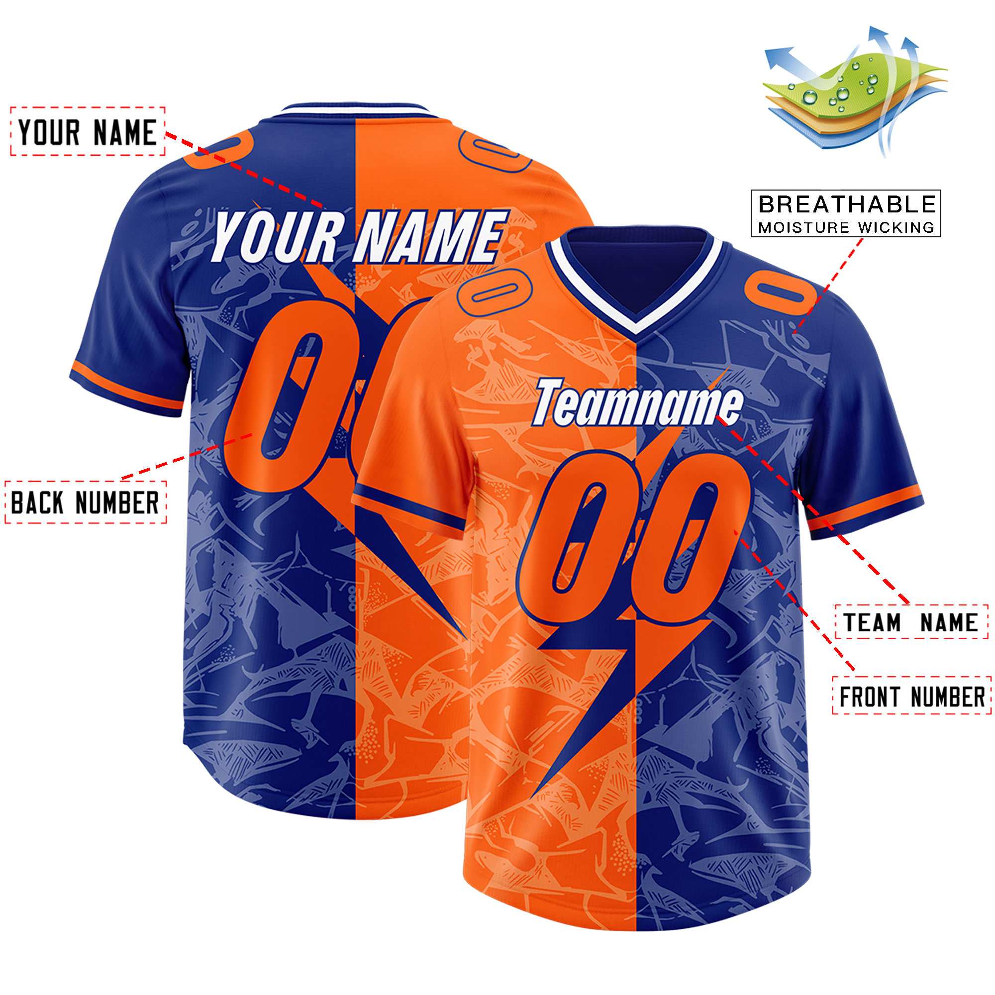Custom Orange Royal Split Personalized Lightning Pattern American Football Jersey