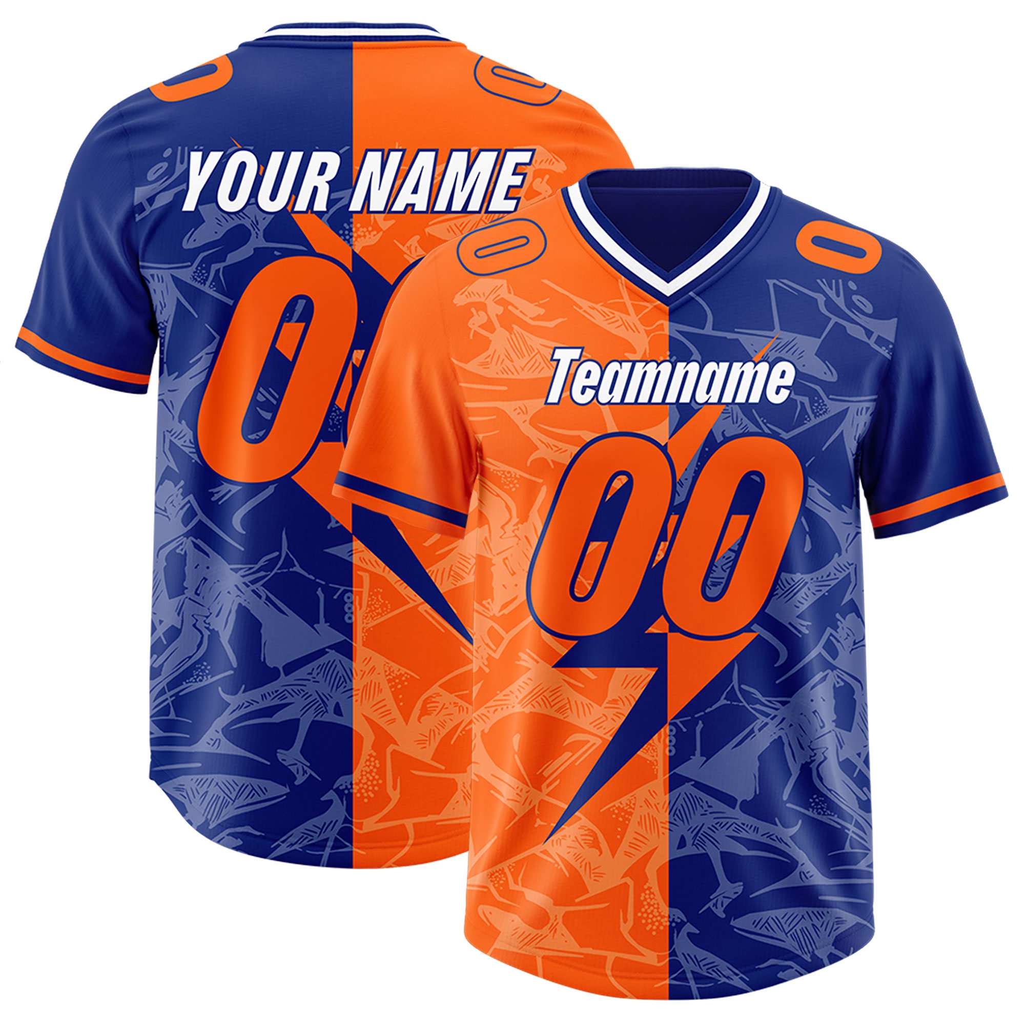 Custom Orange Royal Split Personalized Lightning Pattern American Football Jersey