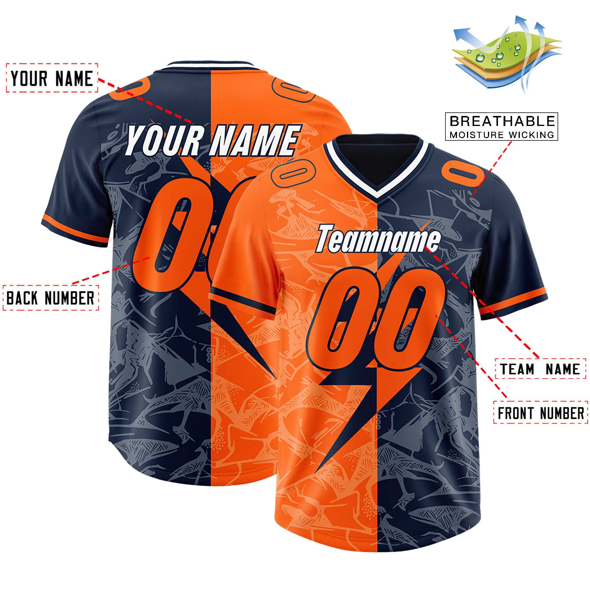 Custom Orange Navy Split Personalized Lightning Pattern American Football Jersey