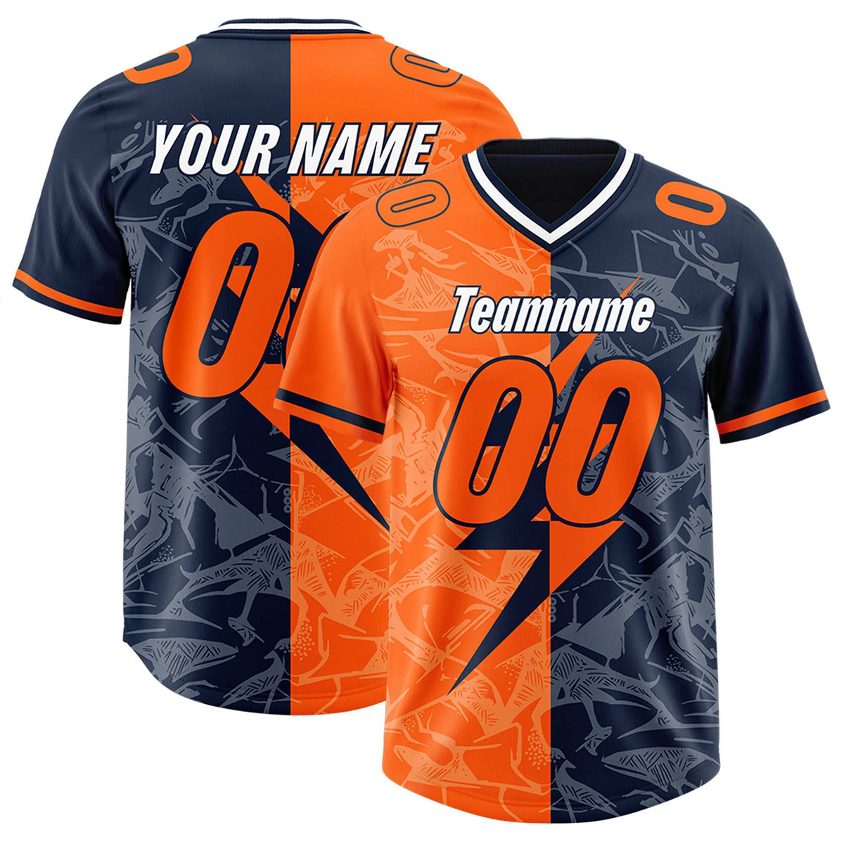 Custom Orange Navy Split Personalized Lightning Pattern American Football Jersey