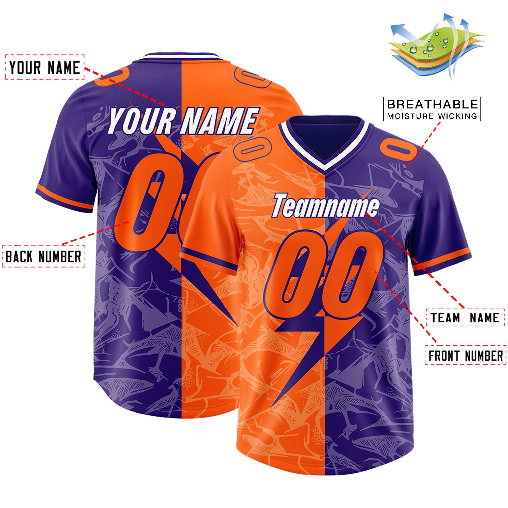 Custom Orange Purple Split Personalized Lightning Pattern American Football Jersey