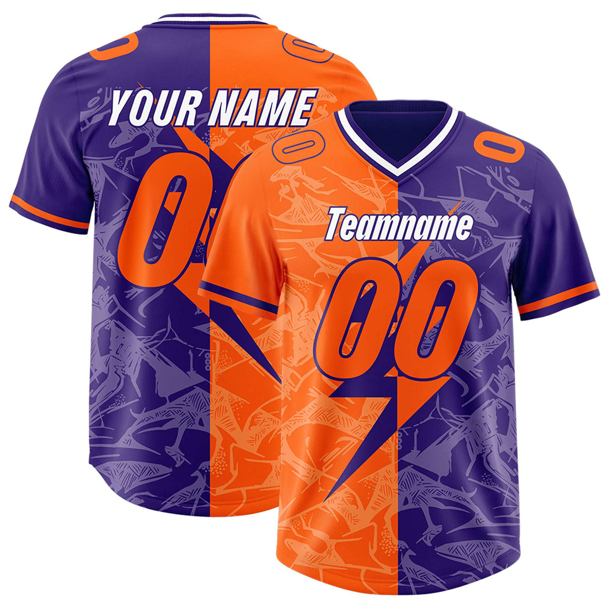 Custom Orange Purple Split Personalized Lightning Pattern American Football Jersey