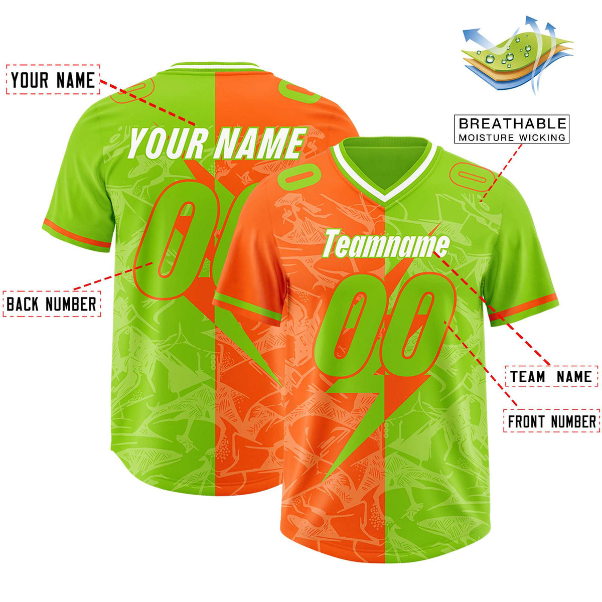 Custom Neon Green Orange Split Personalized Lightning Pattern American Football Jersey