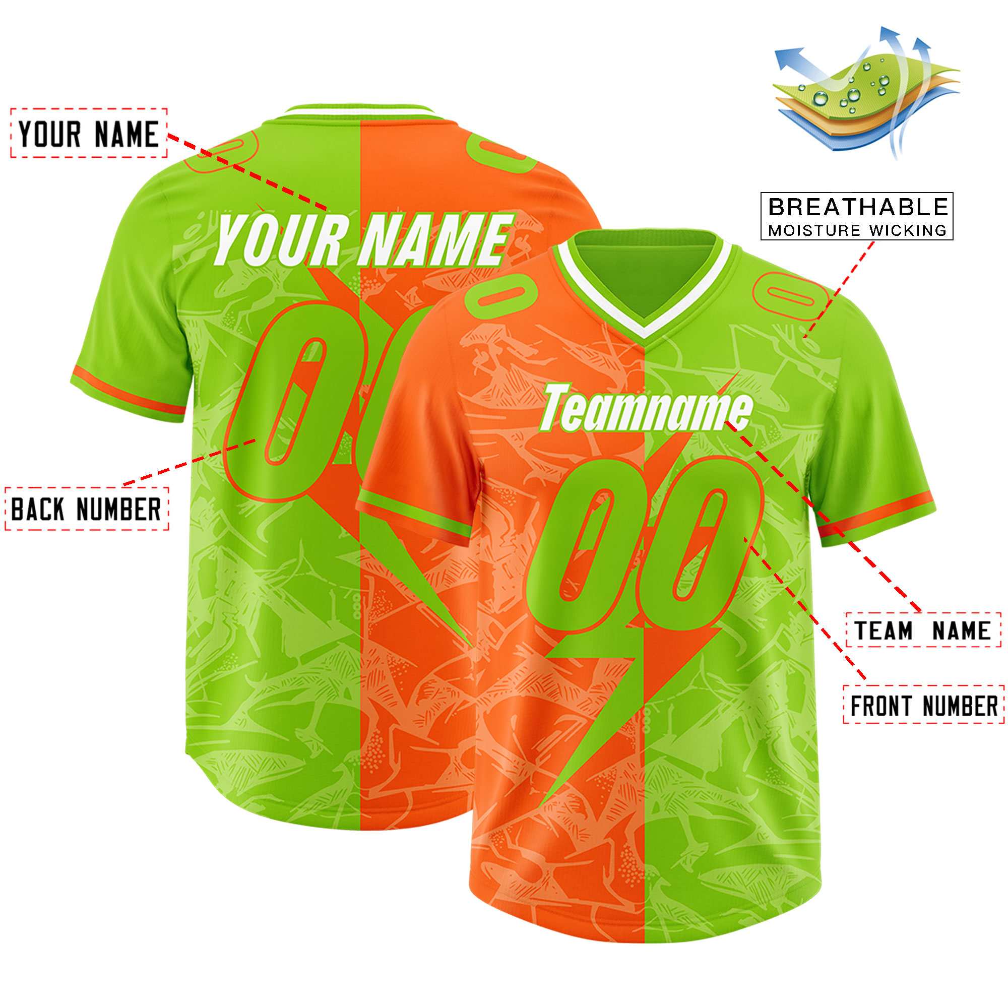 Custom Neon Green Orange Split Personalized Lightning Pattern American Football Jersey