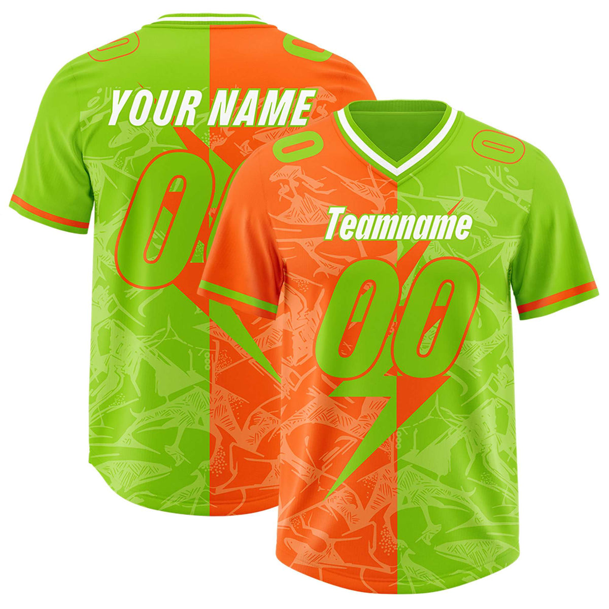 Custom Neon Green Orange Split Personalized Lightning Pattern American Football Jersey
