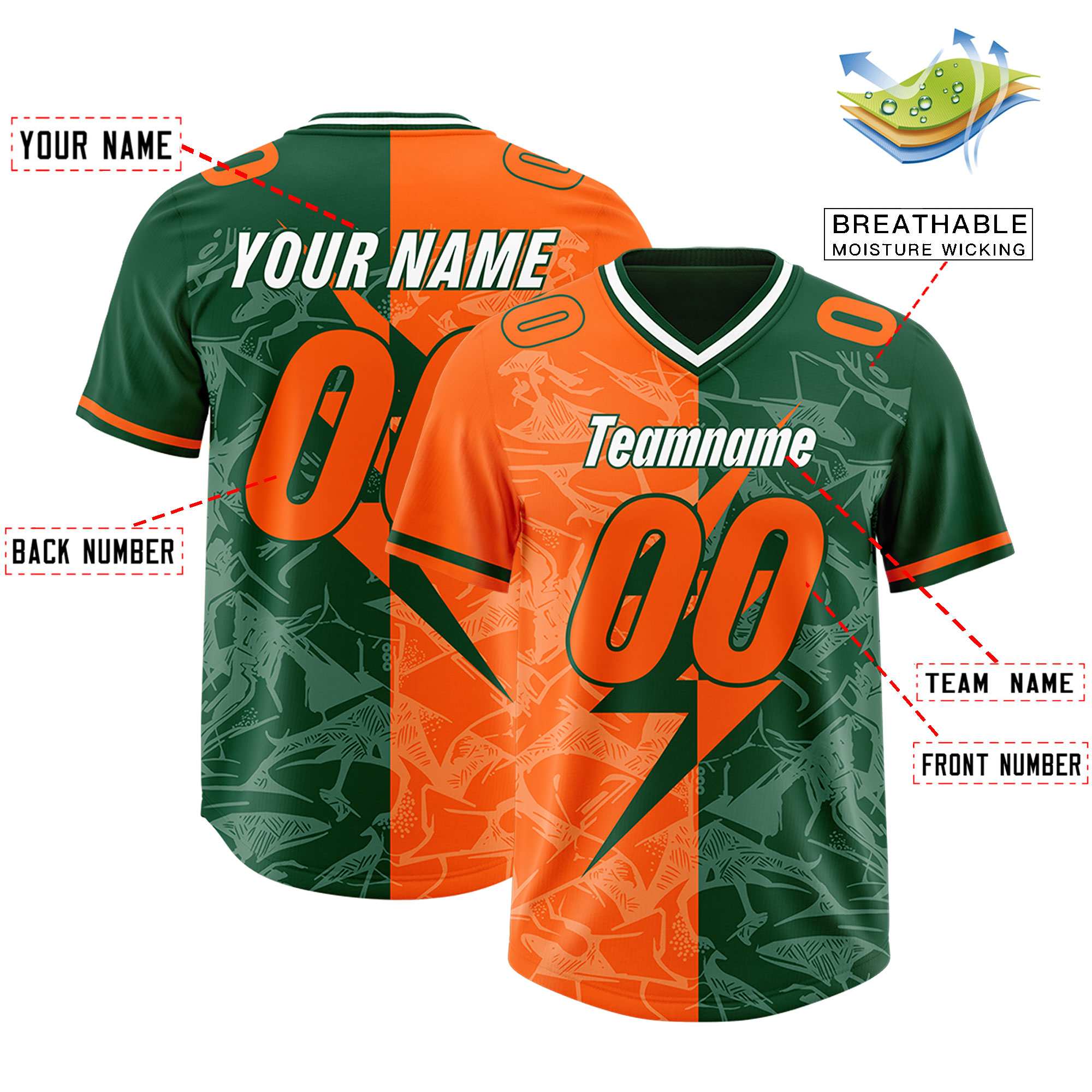 Custom Green Orange Split Personalized Lightning Pattern American Football Jersey