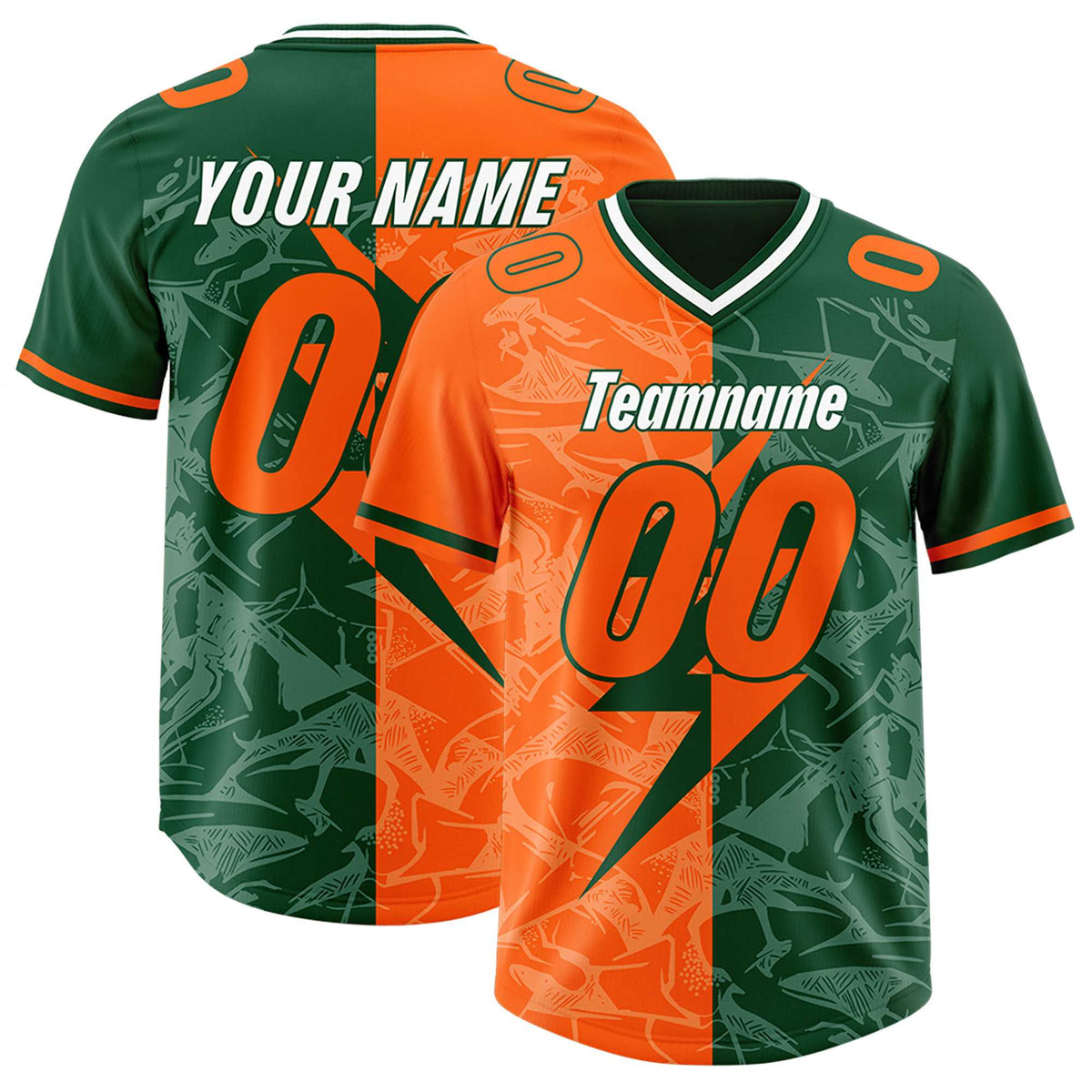 Custom Green Orange Split Personalized Lightning Pattern American Football Jersey