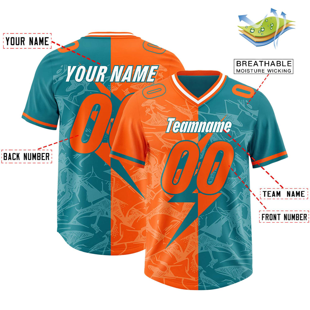 Custom Aqua Orange Split Personalized Lightning Pattern American Football Jersey