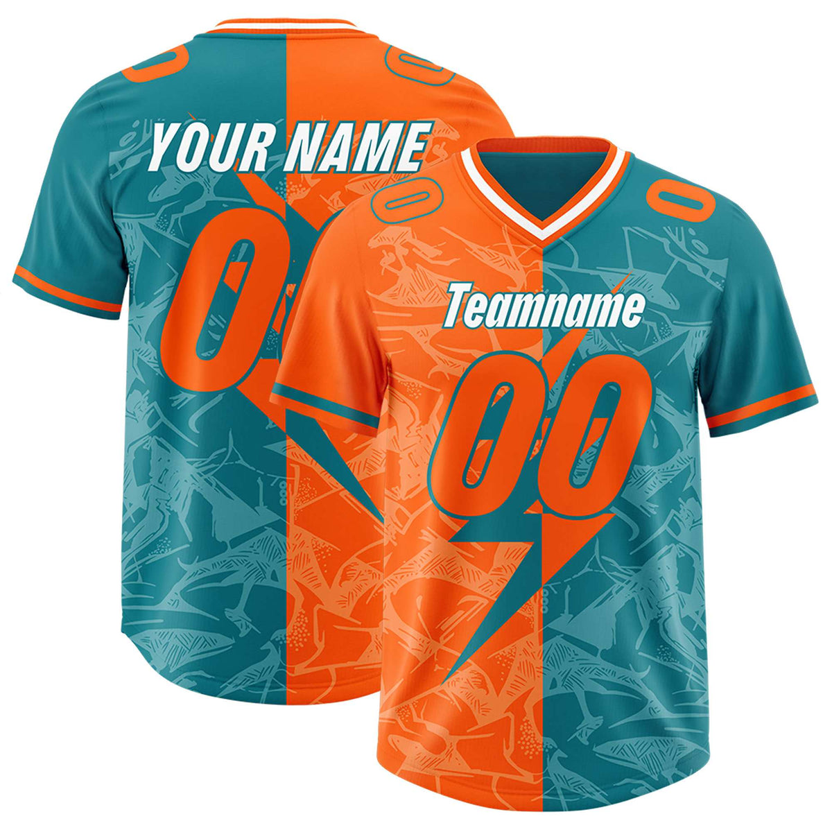 Custom Aqua Orange Split Personalized Lightning Pattern American Football Jersey