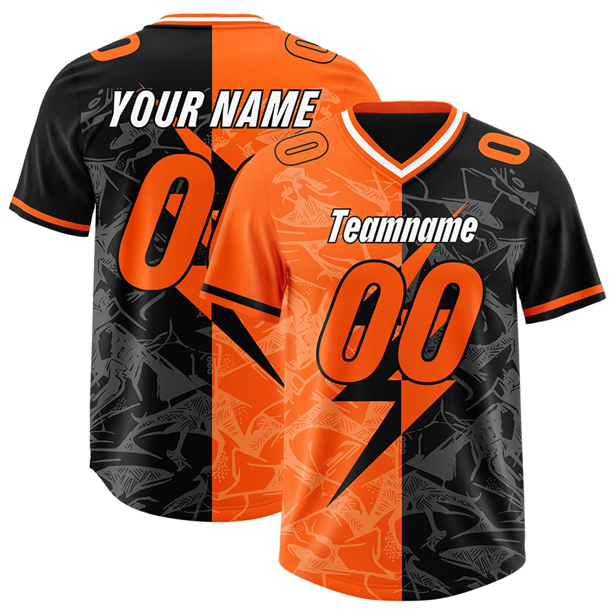 Custom Black Orange Split Personalized Lightning Pattern American Football Jersey