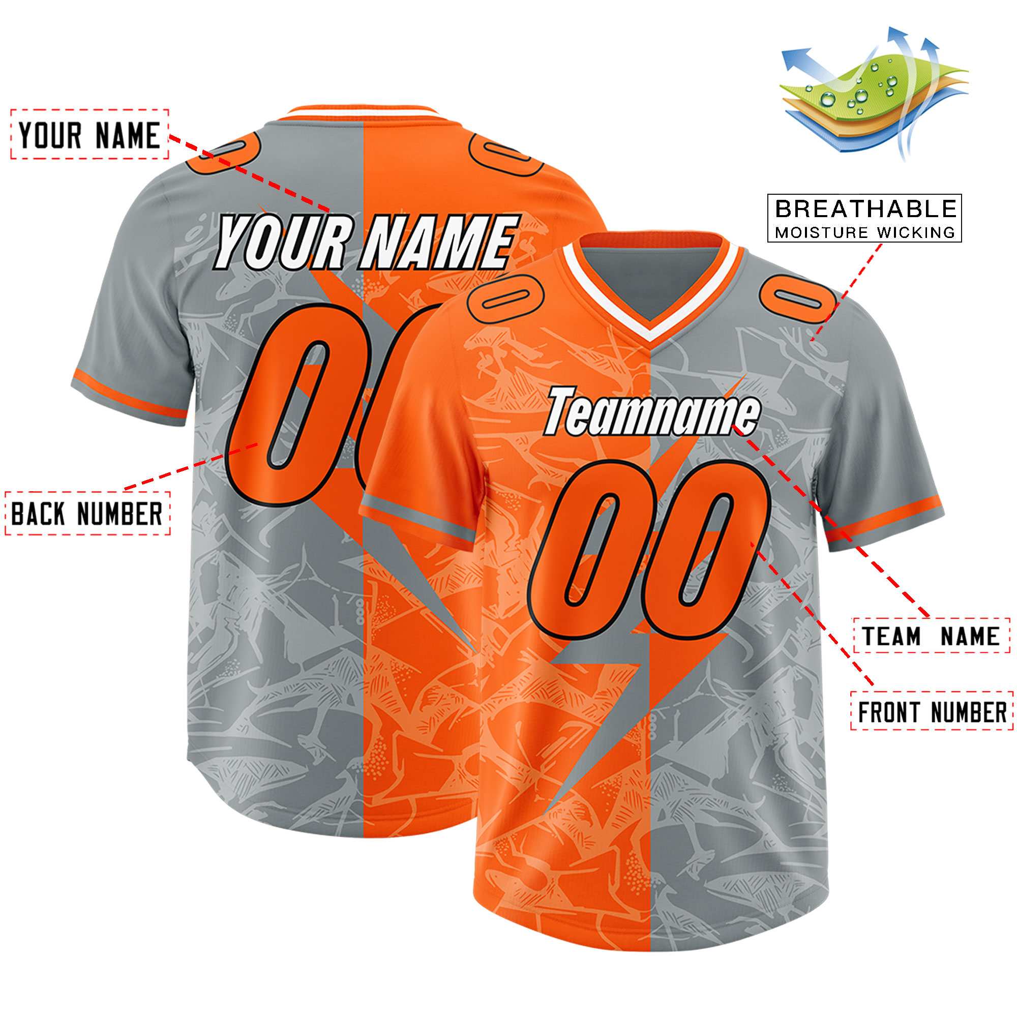 Custom Grey Orange Split Personalized Lightning Pattern American Football Jersey