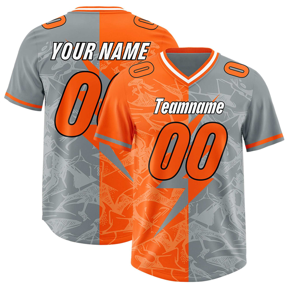 Custom Grey Orange Split Personalized Lightning Pattern American Football Jersey
