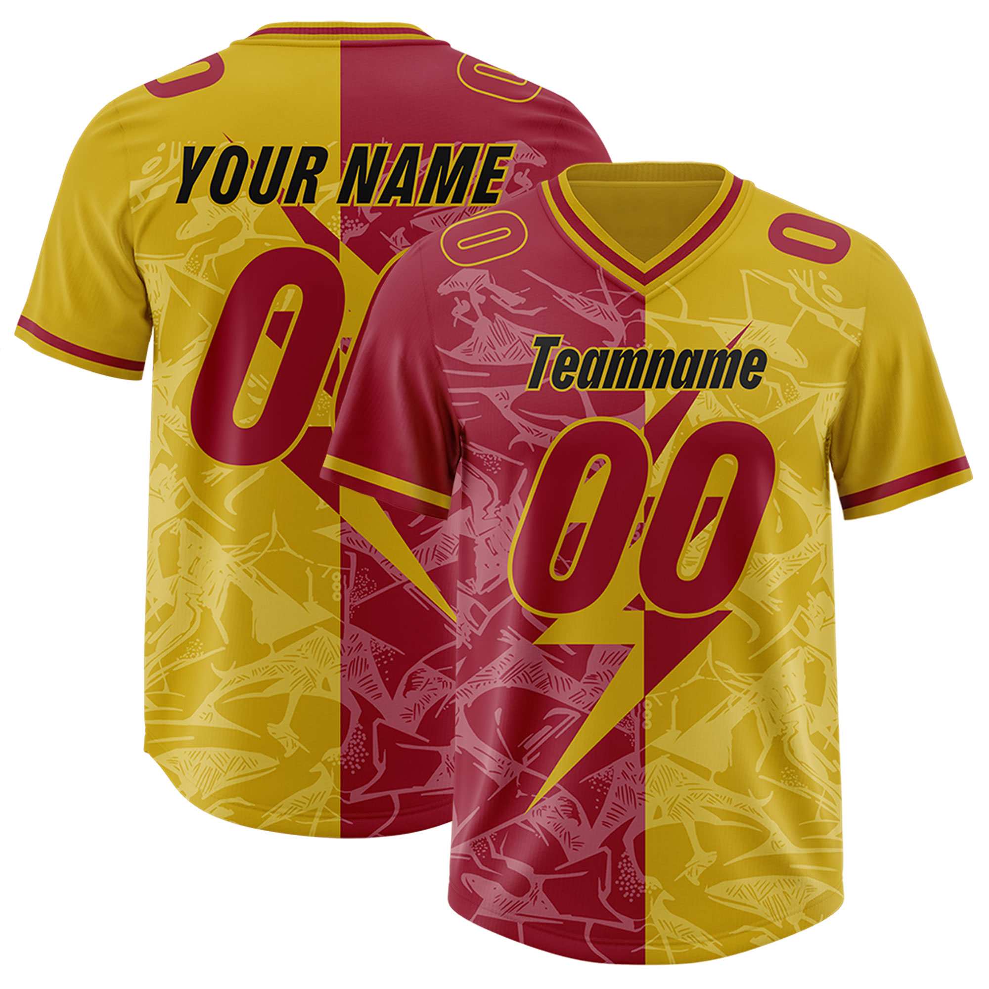 Custom Old Gold Cardinal Split Personalized Lightning Pattern American Football Jersey