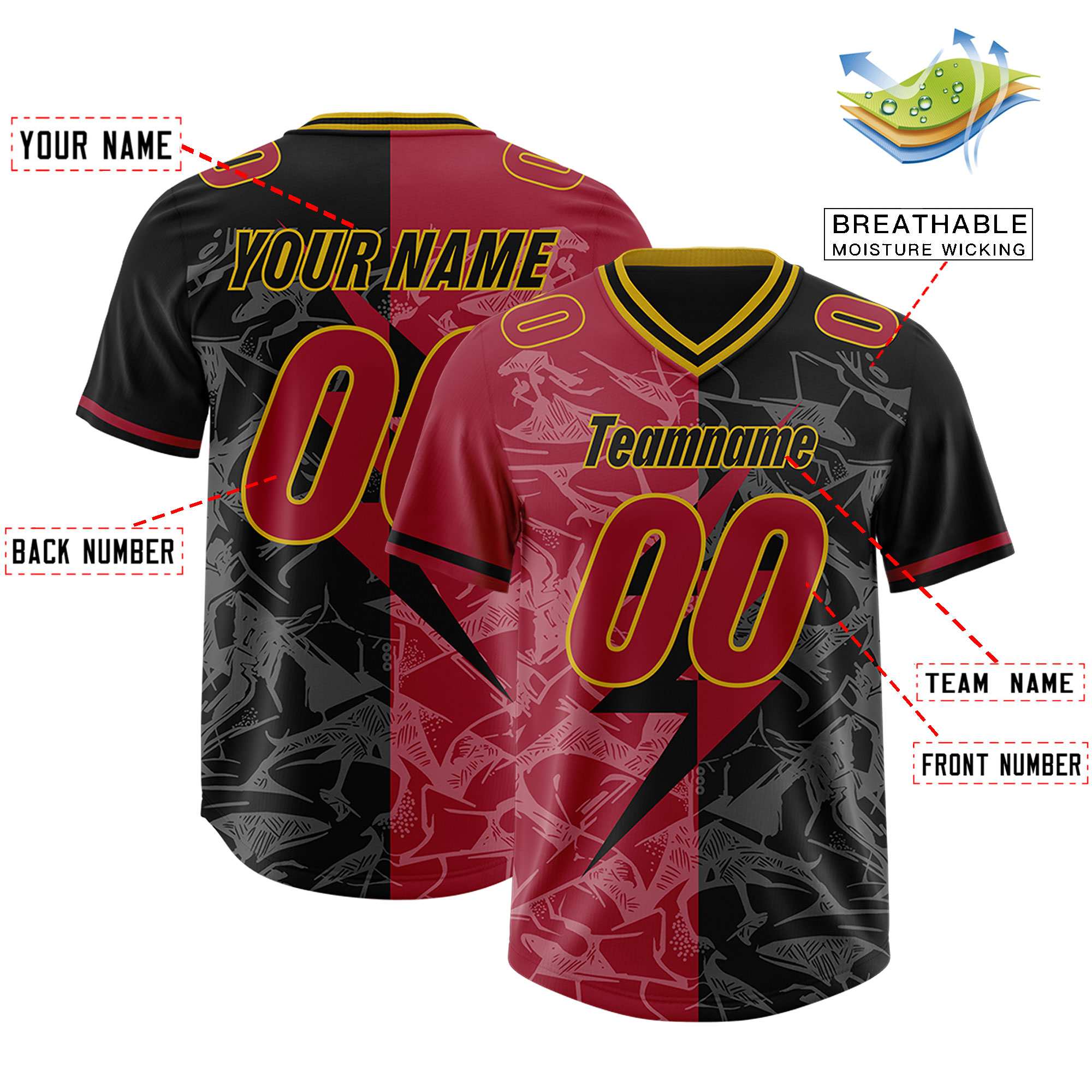 Custom Black Cardinal Split Personalized Lightning Pattern American Football Jersey