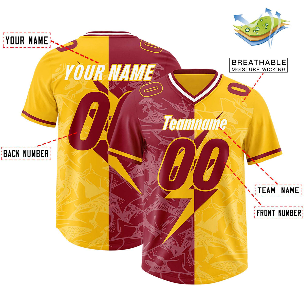 Custom Yellow Cardinal Split Personalized Lightning Pattern American Football Jersey