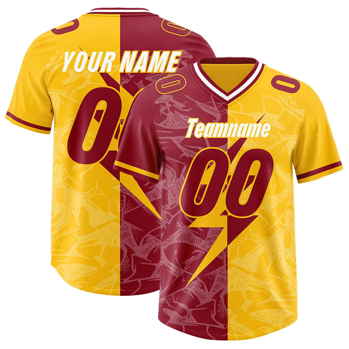 Custom Yellow Cardinal Split Personalized Lightning Pattern American Football Jersey