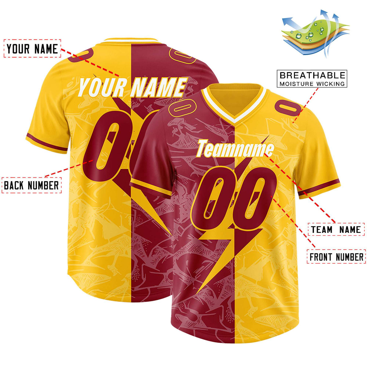 Custom Yellow Cardinal Split Personalized Lightning Pattern American Football Jersey