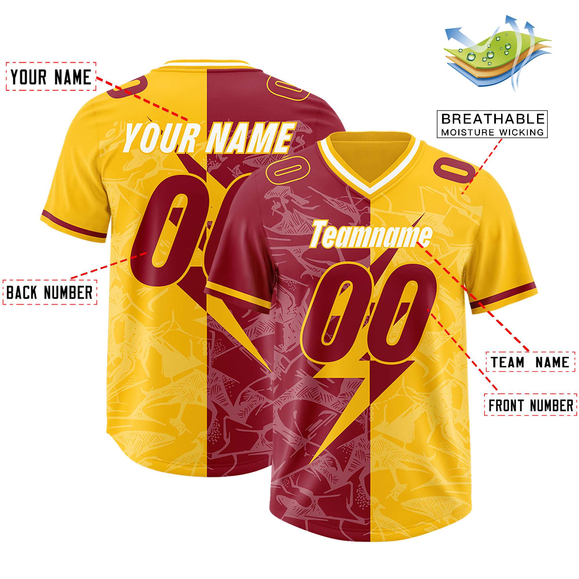 Custom Yellow Cardinal Split Personalized Lightning Pattern American Football Jersey