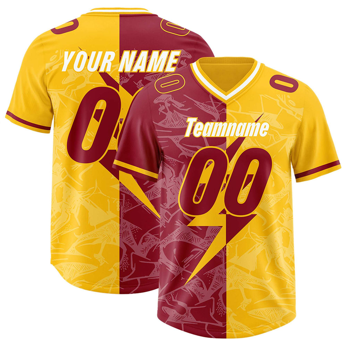 Custom Yellow Cardinal Split Personalized Lightning Pattern American Football Jersey