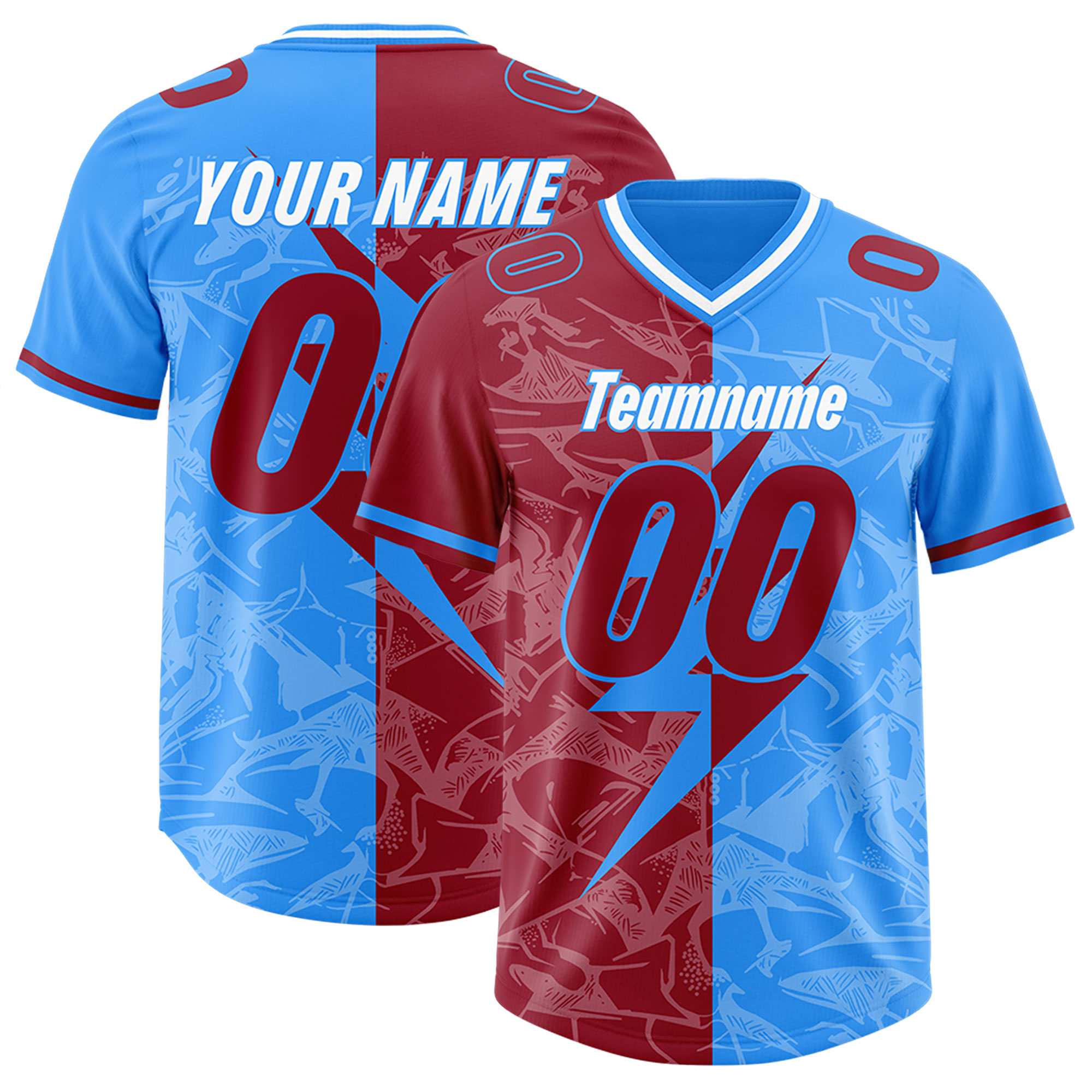 Custom Light Blue Cardinal Split Personalized Lightning Pattern American Football Jersey