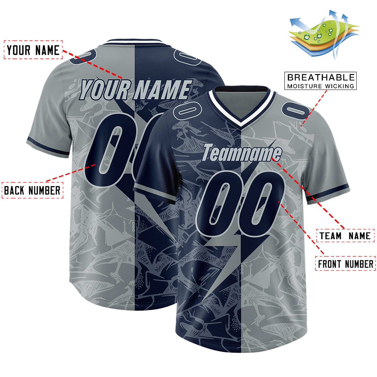 Custom Navy Gray Split Personalized Lightning Pattern American Football Jersey