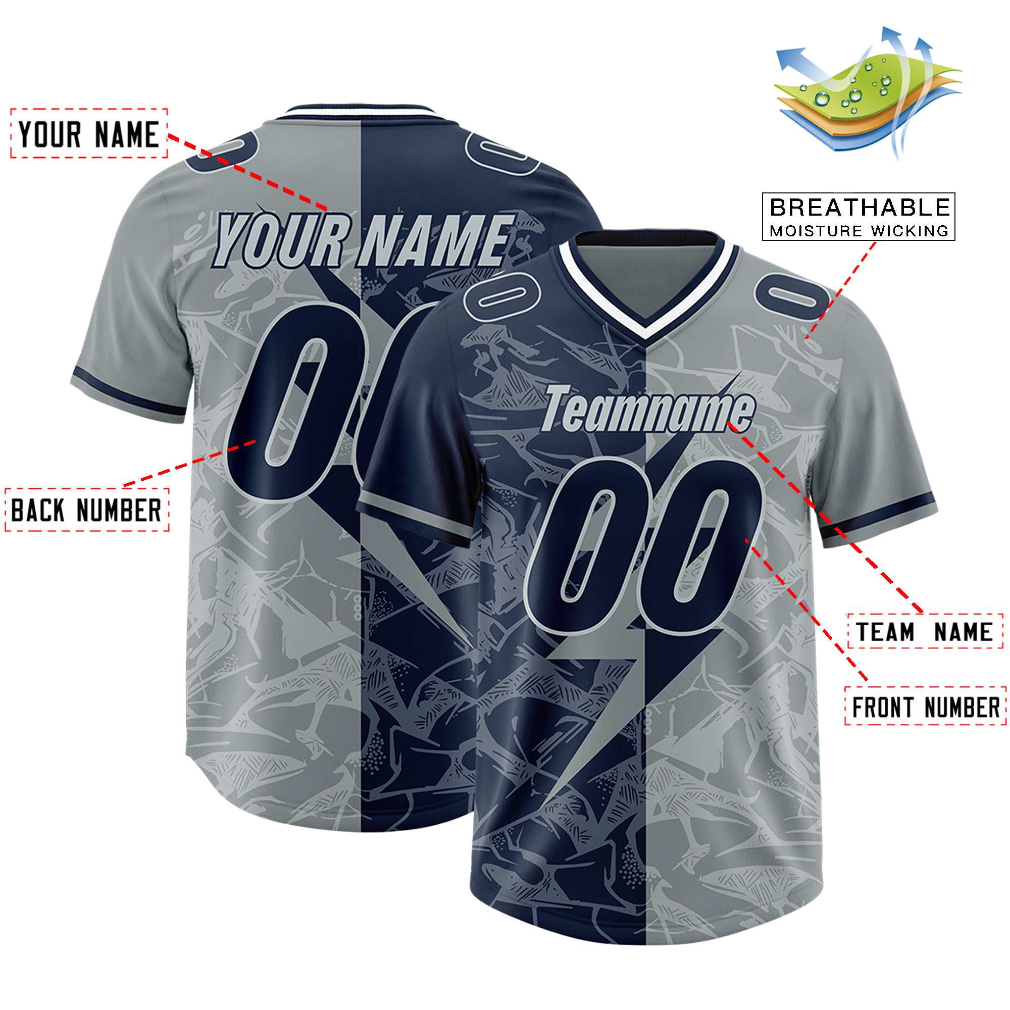 Custom Navy Gray Split Personalized Lightning Pattern American Football Jersey