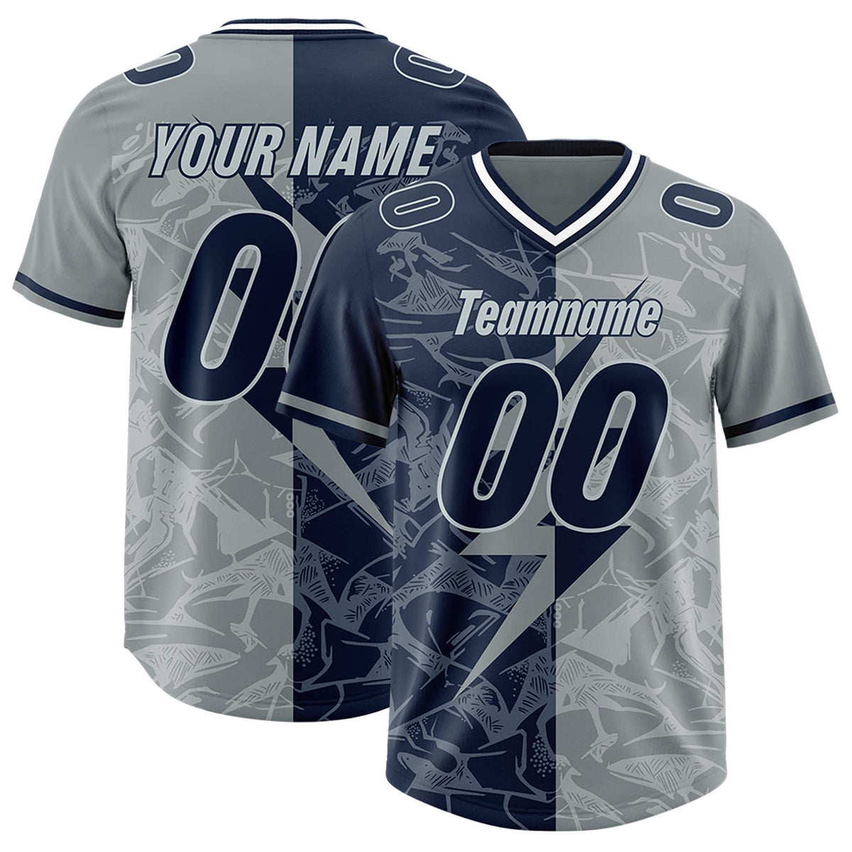 Custom Navy Gray Split Personalized Lightning Pattern American Football Jersey