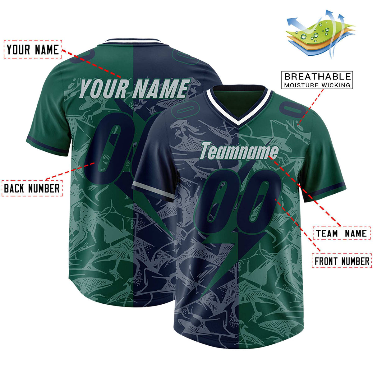 Custom Green Navy Split Personalized Lightning Pattern American Football Jersey