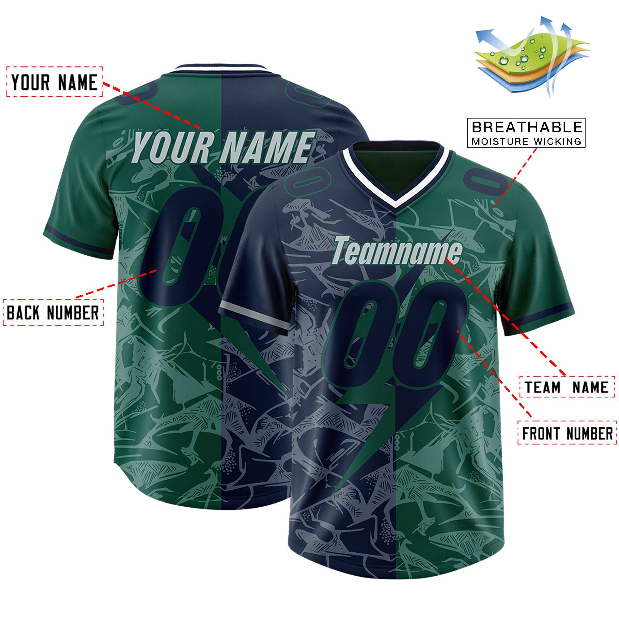Custom Green Navy Split Personalized Lightning Pattern American Football Jersey