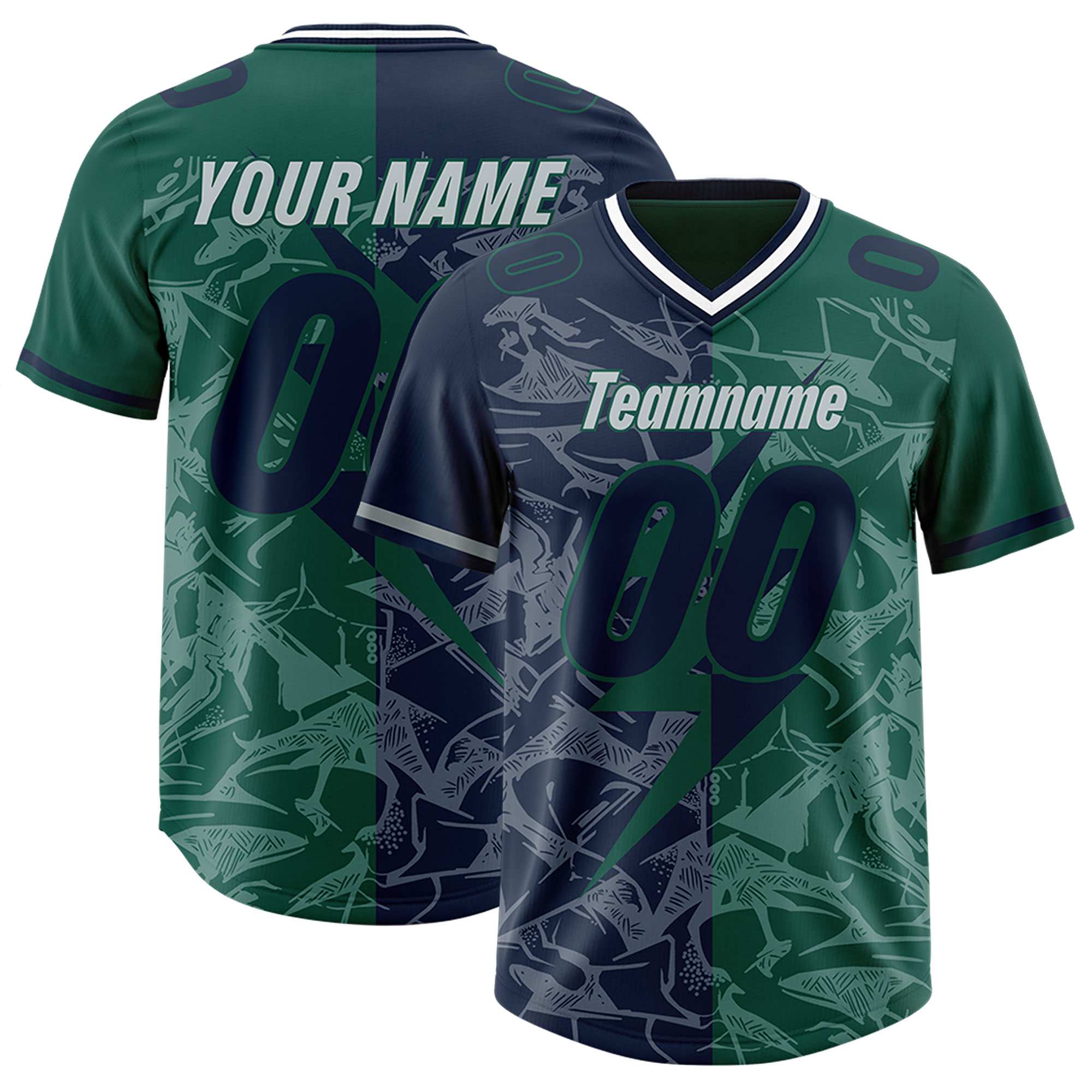 Custom Green Navy Split Personalized Lightning Pattern American Football Jersey