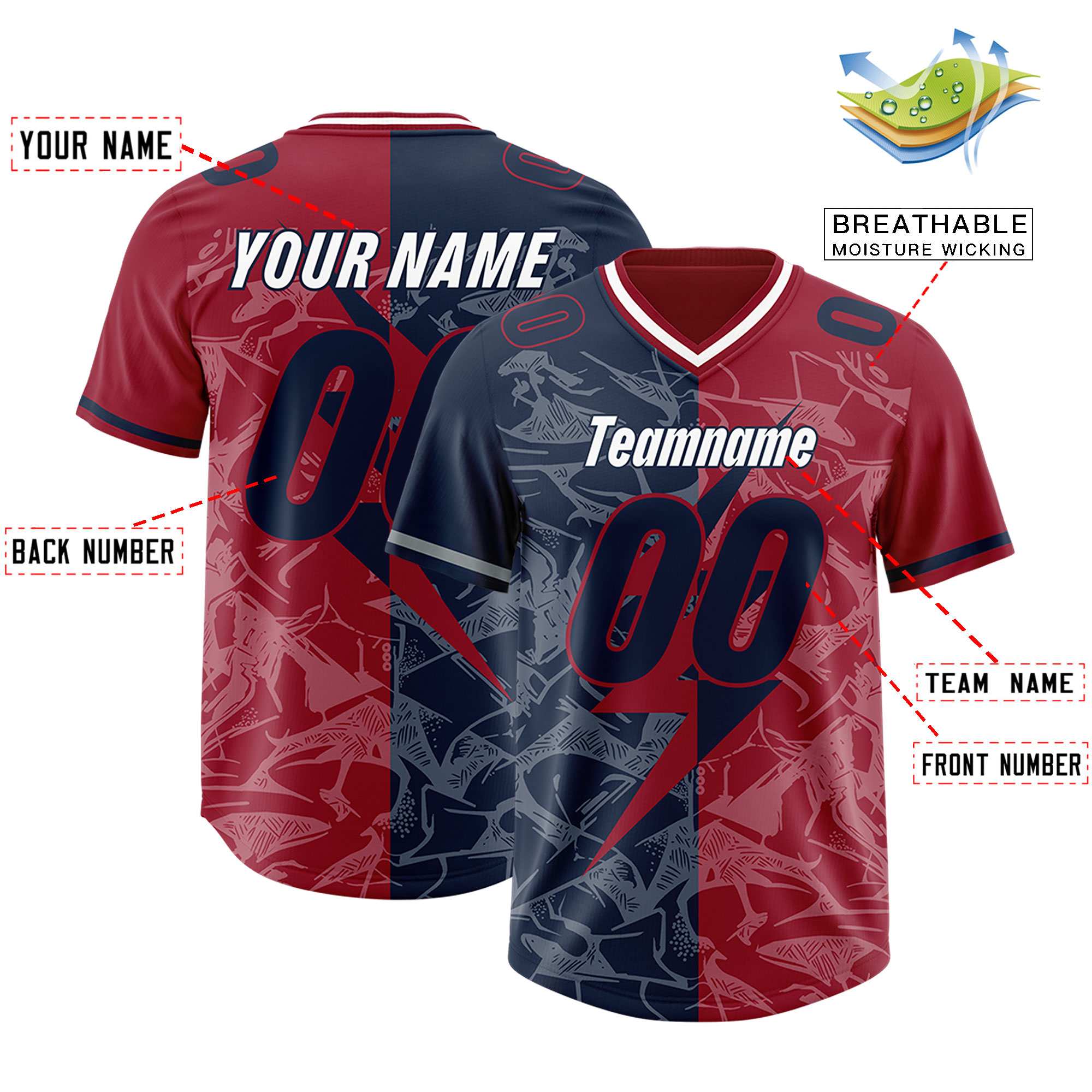 Custom Navy Cardinal Split Personalized Lightning Pattern American Football Jersey