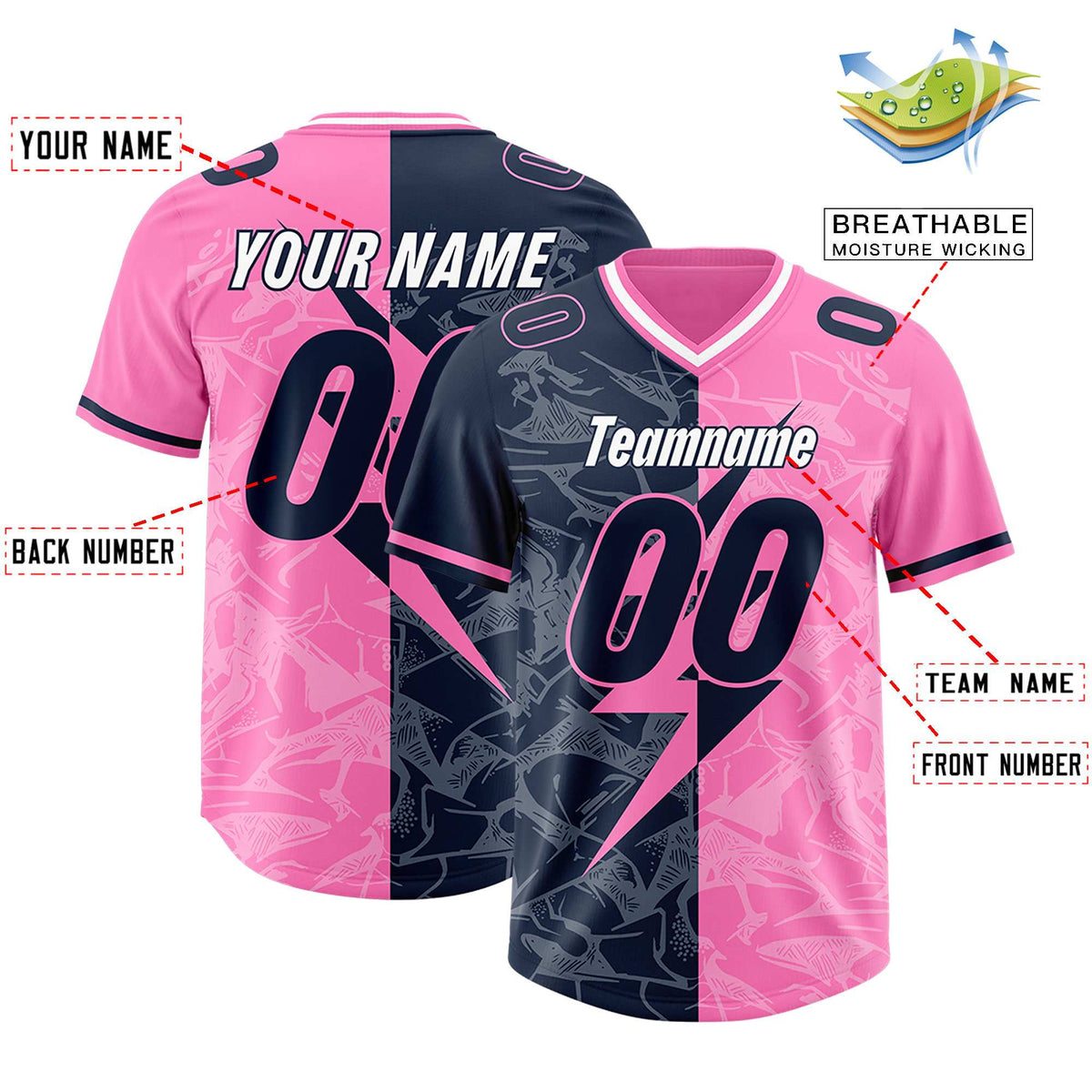 Custom Pink Navy Split Personalized Lightning Pattern American Football Jersey