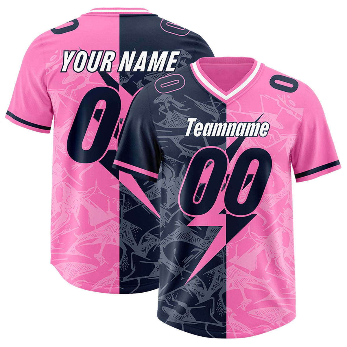 Custom Pink Navy Split Personalized Lightning Pattern American Football Jersey