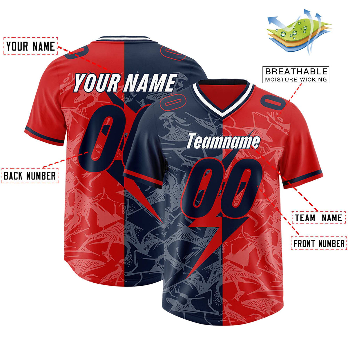 Custom Red Navy Split Personalized Lightning Pattern American Football Jersey
