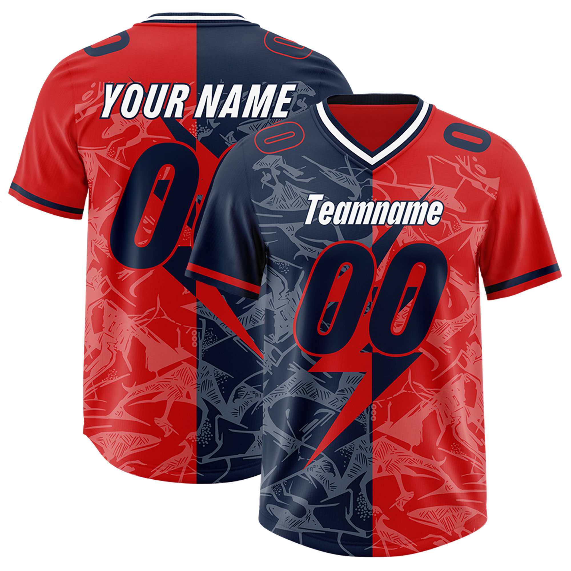 Custom Red Navy Split Personalized Lightning Pattern American Football Jersey