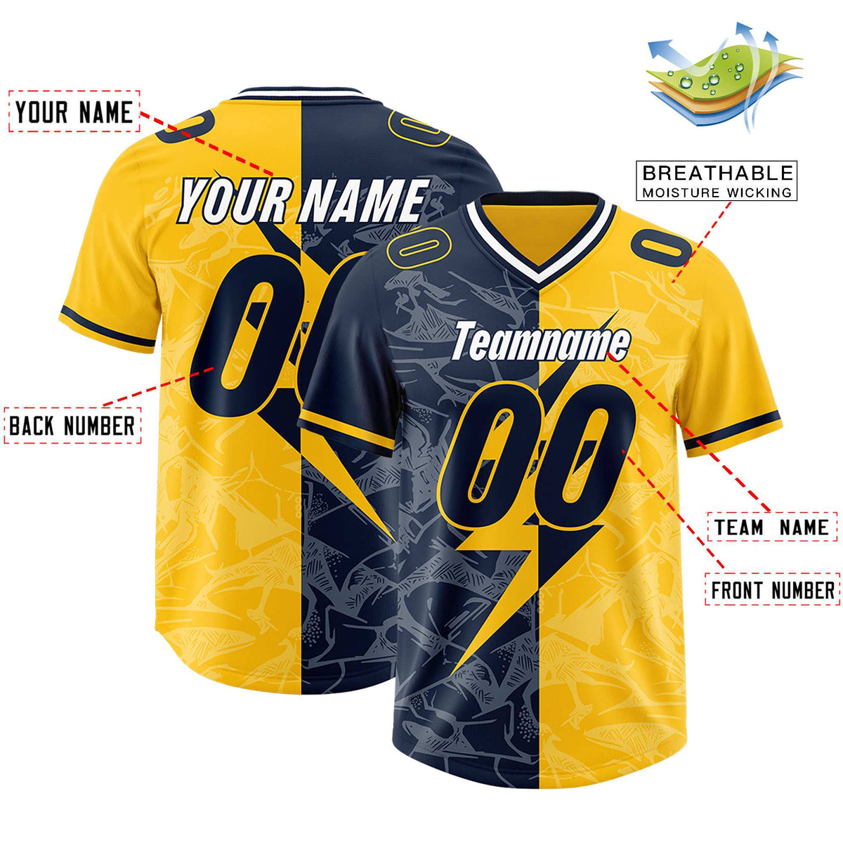 Custom Gold Navy Split Personalized Lightning Pattern American Football Jersey