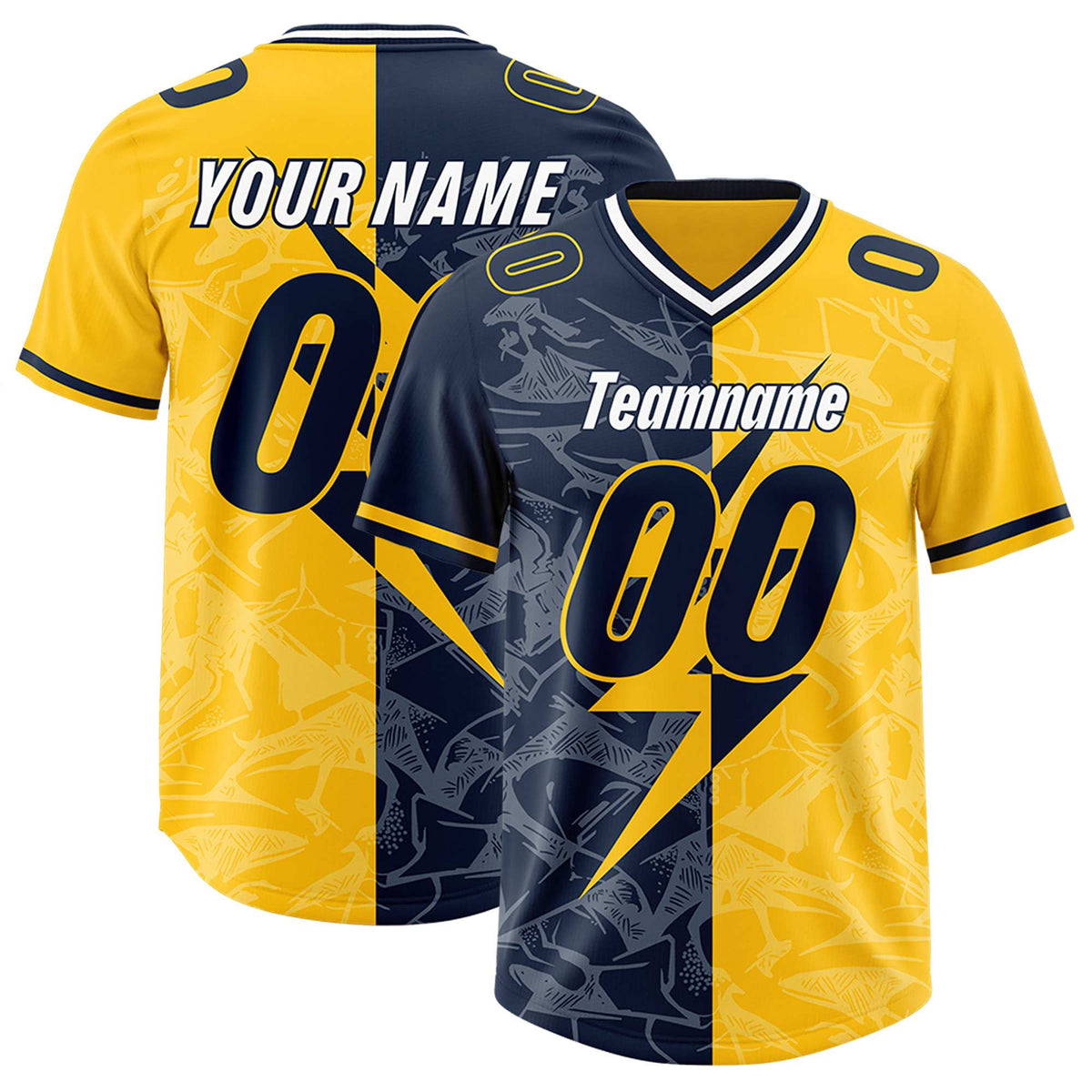 Custom Gold Navy Split Personalized Lightning Pattern American Football Jersey