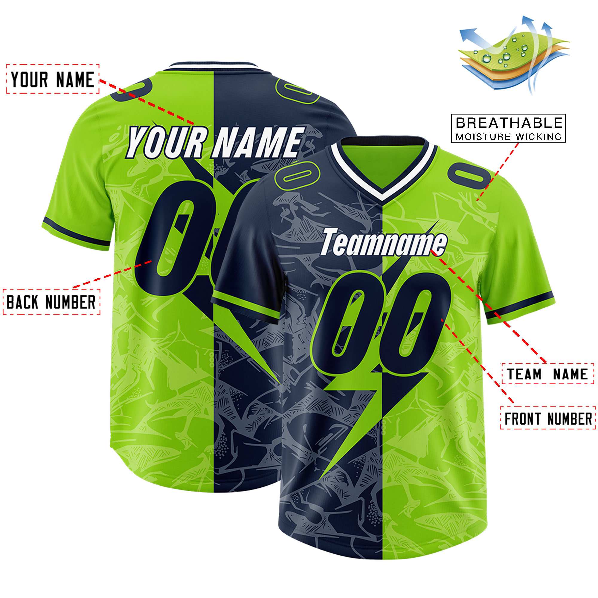 Custom Neon Green Navy Split Personalized Lightning Pattern American Football Jersey