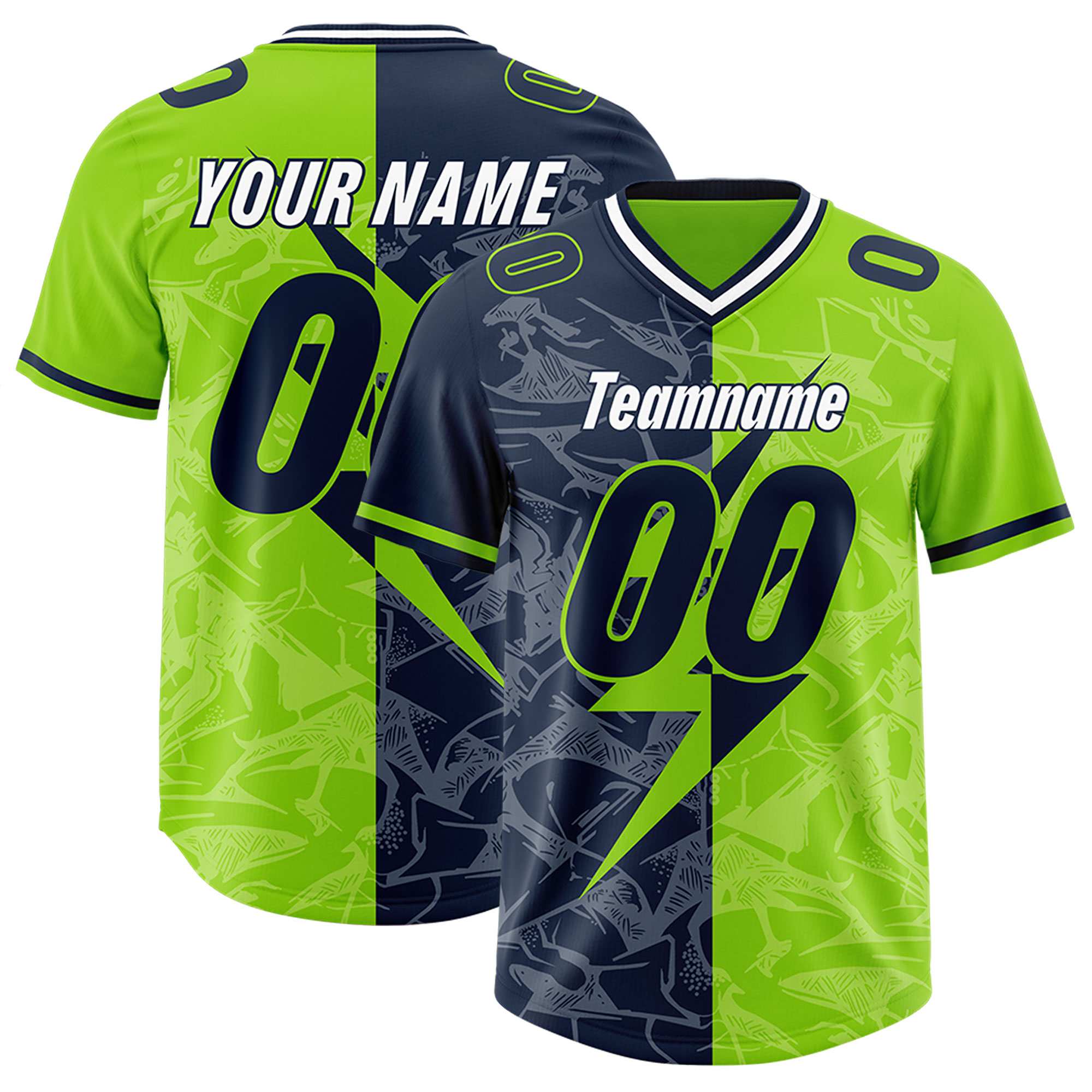 Custom Neon Green Navy Split Personalized Lightning Pattern American Football Jersey