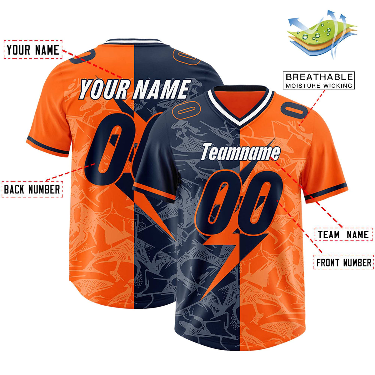 Custom Orange Navy Split Personalized Lightning Pattern American Football Jersey