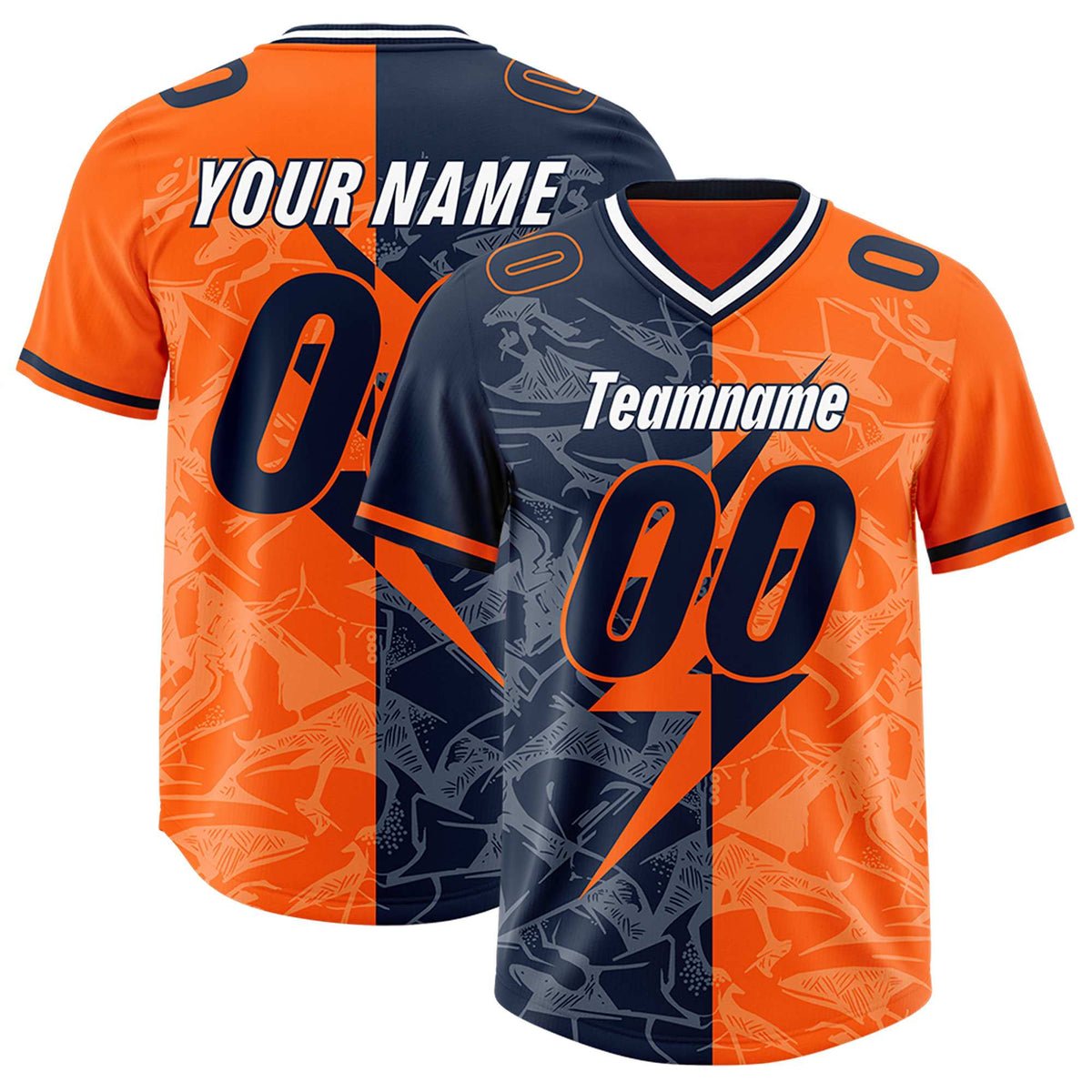 Custom Orange Navy Split Personalized Lightning Pattern American Football Jersey