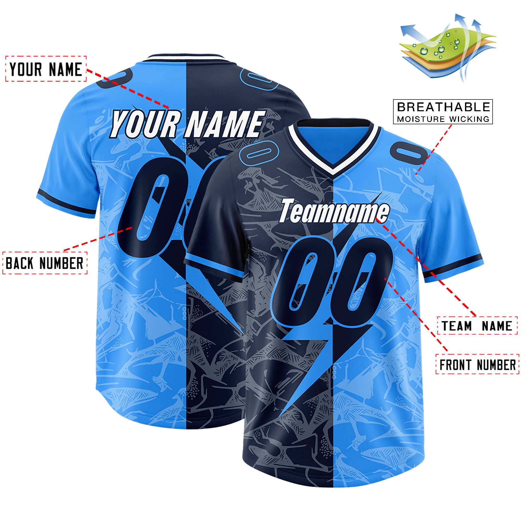 Custom Light Blue Navy Split Personalized Lightning Pattern American Football Jersey