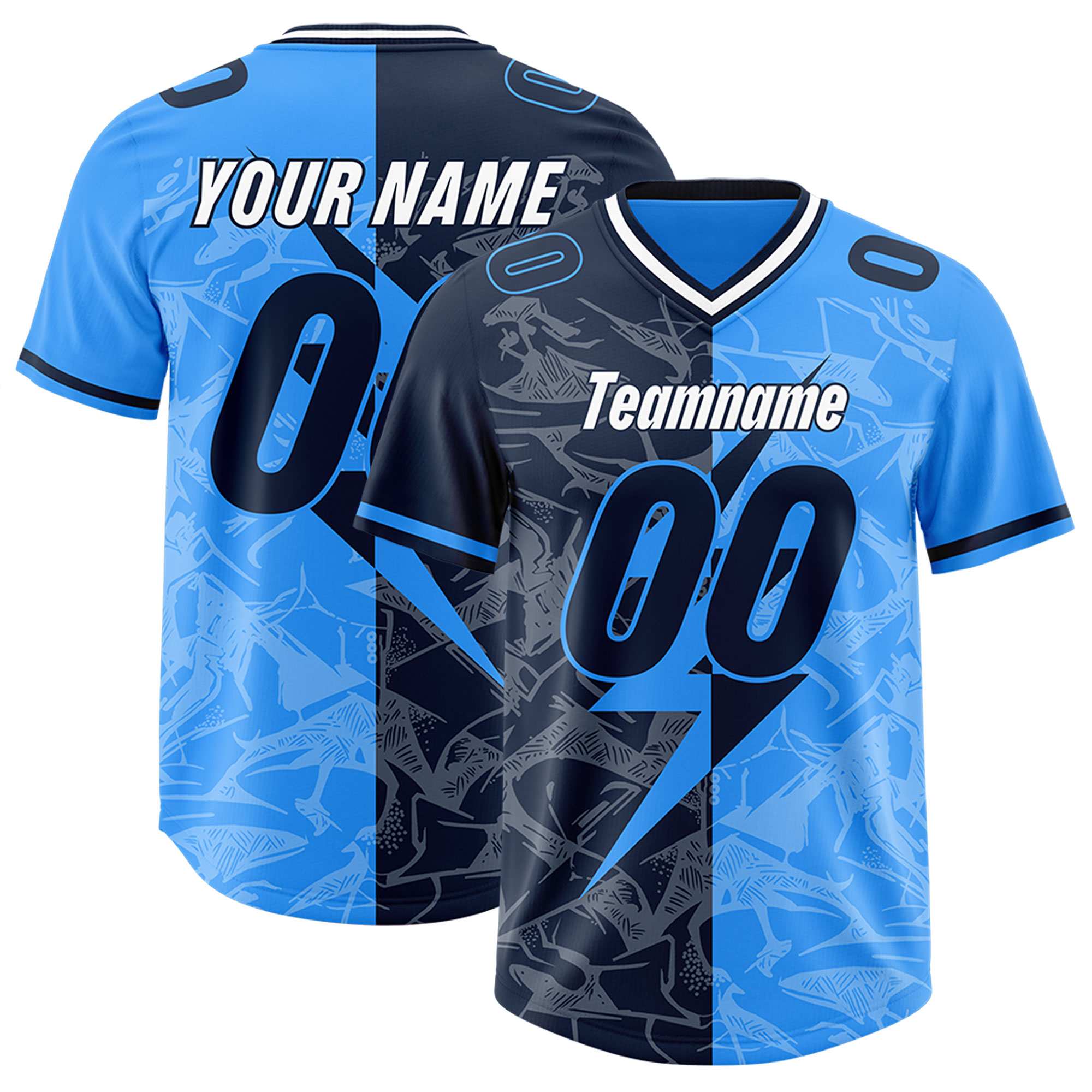 Custom Light Blue Navy Split Personalized Lightning Pattern American Football Jersey
